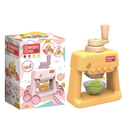 A child using a colorful clay extruder toy to press and mold handmade noodles and ice cream shapes, promoting fine motor skills and sensory play in a creative home setting.