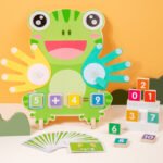 oddler playing with Montessori finger counting math toys. This educational wooden toy helps preschool children ages 2-4 learn number recognition and basic math through hands-on play with counting blocks and colorful finger pieces.