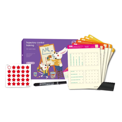A young child practicing writing skills using an educational pen control training set, following guided paths and patterns on a durable activity card to improve hand-eye coordination and fine motor strength.