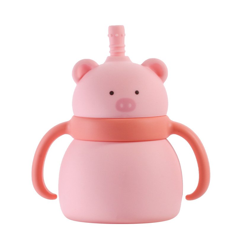 Silicone Baby Training Cup with Lid and Straw Silicone Baby Sippy Cup with Straw - pink Pig - Image 1