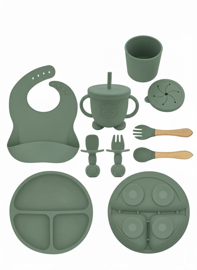 BPA Free Silicone Feeding Set for Babies and Toddlers BPA Free Silicone Baby Feeding Set - Army Green - Image 1
