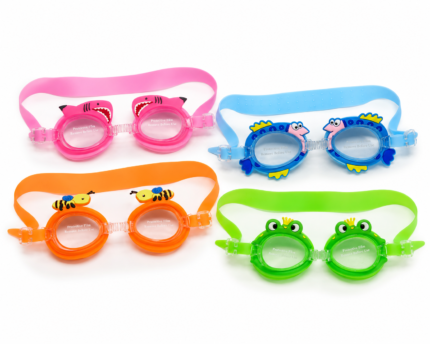 Fun and colorful kids swimming goggles with playful cartoon designs. Features an adjustable strap and comfortable fit, perfect for swimming, pool days, and summer water activities.
