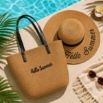 Beach Tote Bag & Straw Hat Set - Brown