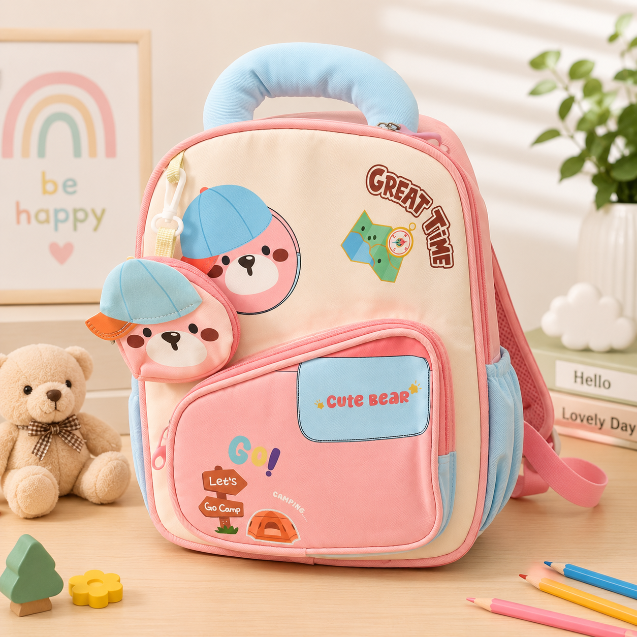 143470c2-ea8f-453e-8429-e61be2ce9889 Cute Bear Backpack with Detachable Mini Pouch - Pink - Image 1
