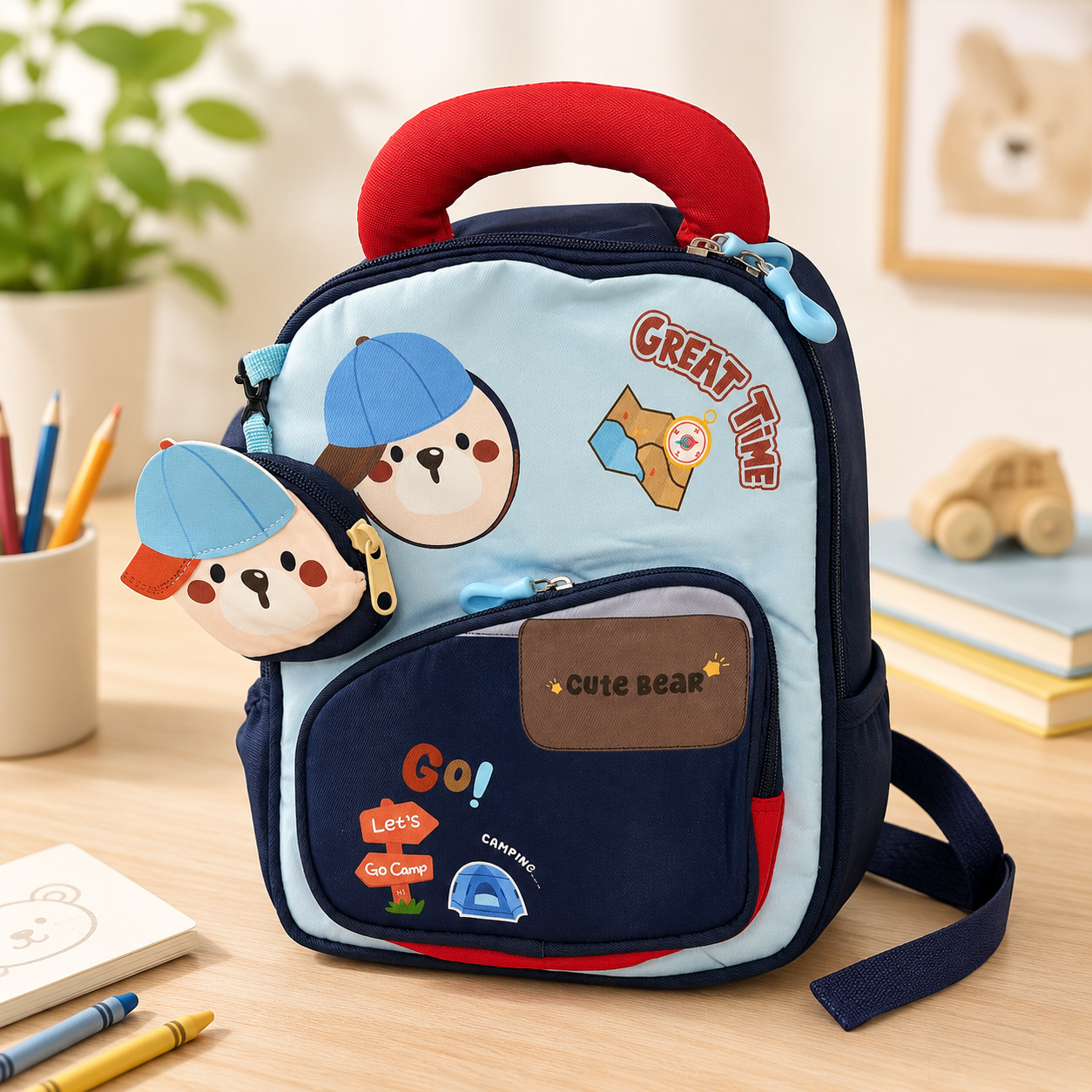 87009cee-9b4b-44f0-8d2d-6209e8fcf21e Kids Cute Bear Backpack with Detachable Mini Pouch - 13"- Navy Blue - Image 1