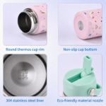 Kids Stainless Steel Water Bottle 355 ml with Straw and Handle - Unicorn Pink - Image 2