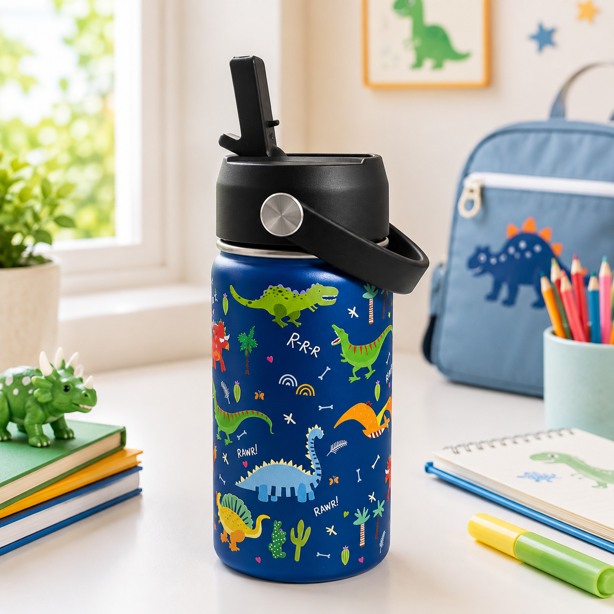 c27148ab-544c-4a80-8df9-89eb2c592ecb Stainless Steel Insulated Tumbler with Handle and Straw 355 ml - Dino Blue - Image 1
