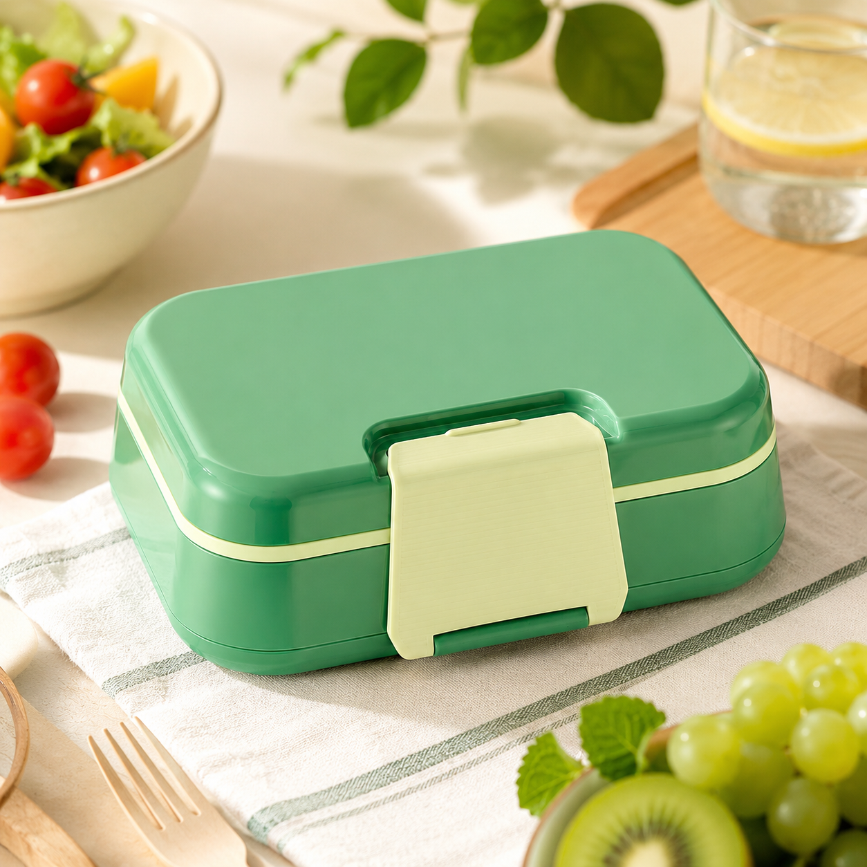 Green two-layer bento lunch box with carrying handle and 1145 ml capacity Green two-layer bento lunch box with carrying handle and 1145 ml capacity