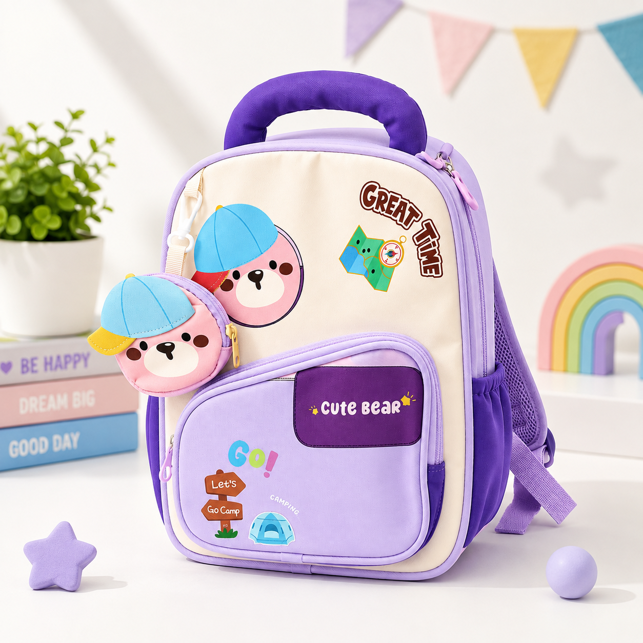 dda323d0-b1cb-4b5c-bf52-0345156cd6b7 Kids Cute Bear Backpack with Detachable Mini Pouch - 13"- Purple - Image 1