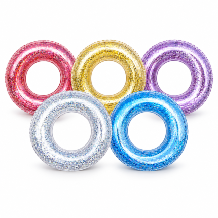 glitter inflatable swim rings in pink, gold, purple, silver and blue floating in a swimming pool.