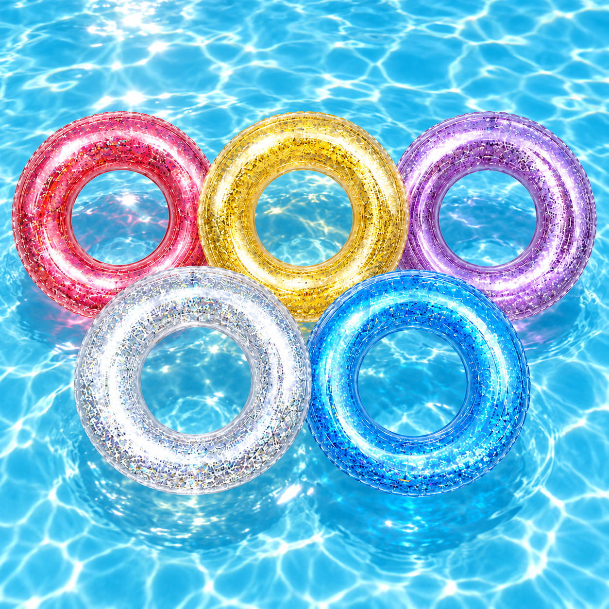 glitter-inflatable-swim-ring-80cm-wonderbox.webp glitter inflatable swim rings in pink, gold, purple, silver and blue floating in a swimming pool.