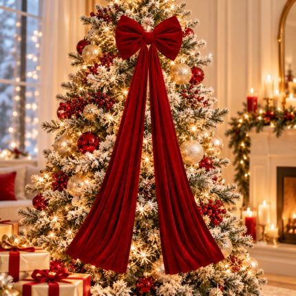 Red Velvet Christmas Tree Topper Bow with Long Streamers Oversized Holiday Decoration
