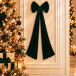 Christmas Tree Topper Bow - Oversized Green Velvet Bow with Long Streamers 40cm*110cm