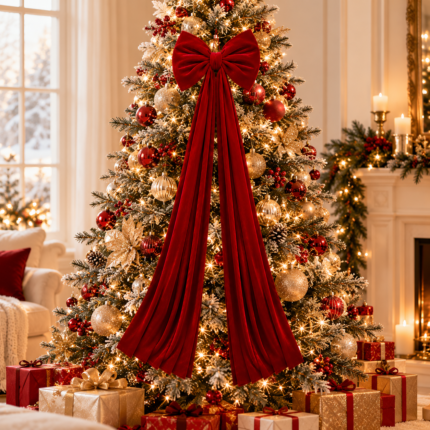 Red Velvet Christmas Tree Topper Bow with Long Streamers Oversized Holiday Decoration