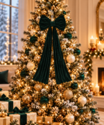 Green Velvet Christmas Tree Topper Bow with Long Streamers Oversized Holiday Decoration