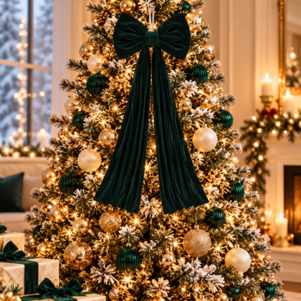 Green Velvet Christmas Tree Topper Bow with Long Streamers Oversized Holiday Decoration