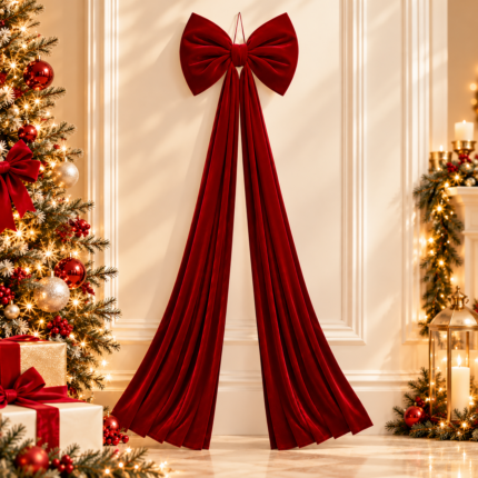Red Velvet Christmas Tree Topper Bow with Long Streamers Oversized Holiday Decoration
