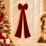 Red Velvet Christmas Tree Topper Bow with Long Streamers Oversized Holiday Decoration