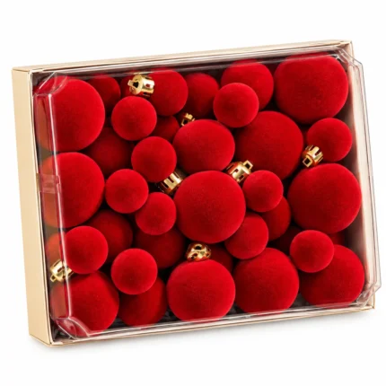 Red Flocked Christmas Ornament Set Velvet Style Hanging Ball Decorations