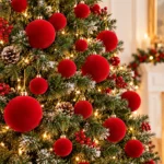 Red Flocked Christmas Ornament Set Velvet Style Hanging Ball Decorations