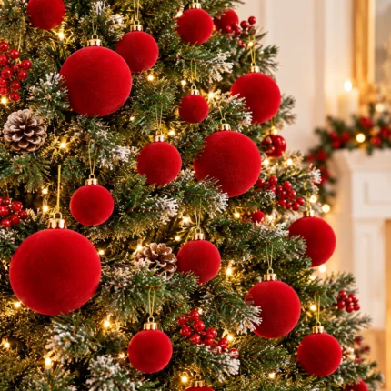 Red Flocked Christmas Ornament Set Velvet Style Hanging Ball Decorations