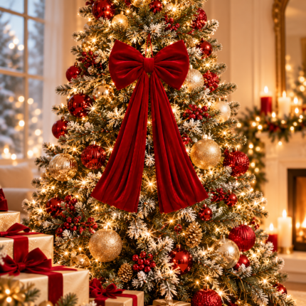 Red Velvet Christmas Tree Topper Bow with Long Streamers Oversized Holiday Decoration