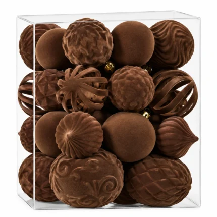 Retro Coffee Brown Velvet Style Flocked Christmas Ball Ornaments Vintage Tree Decorations