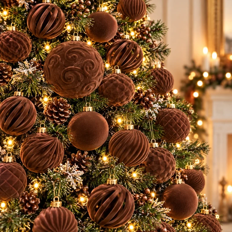 Retro Coffee Brown Velvet Style Flocked Christmas Ball Ornaments Vintage Tree Decorations