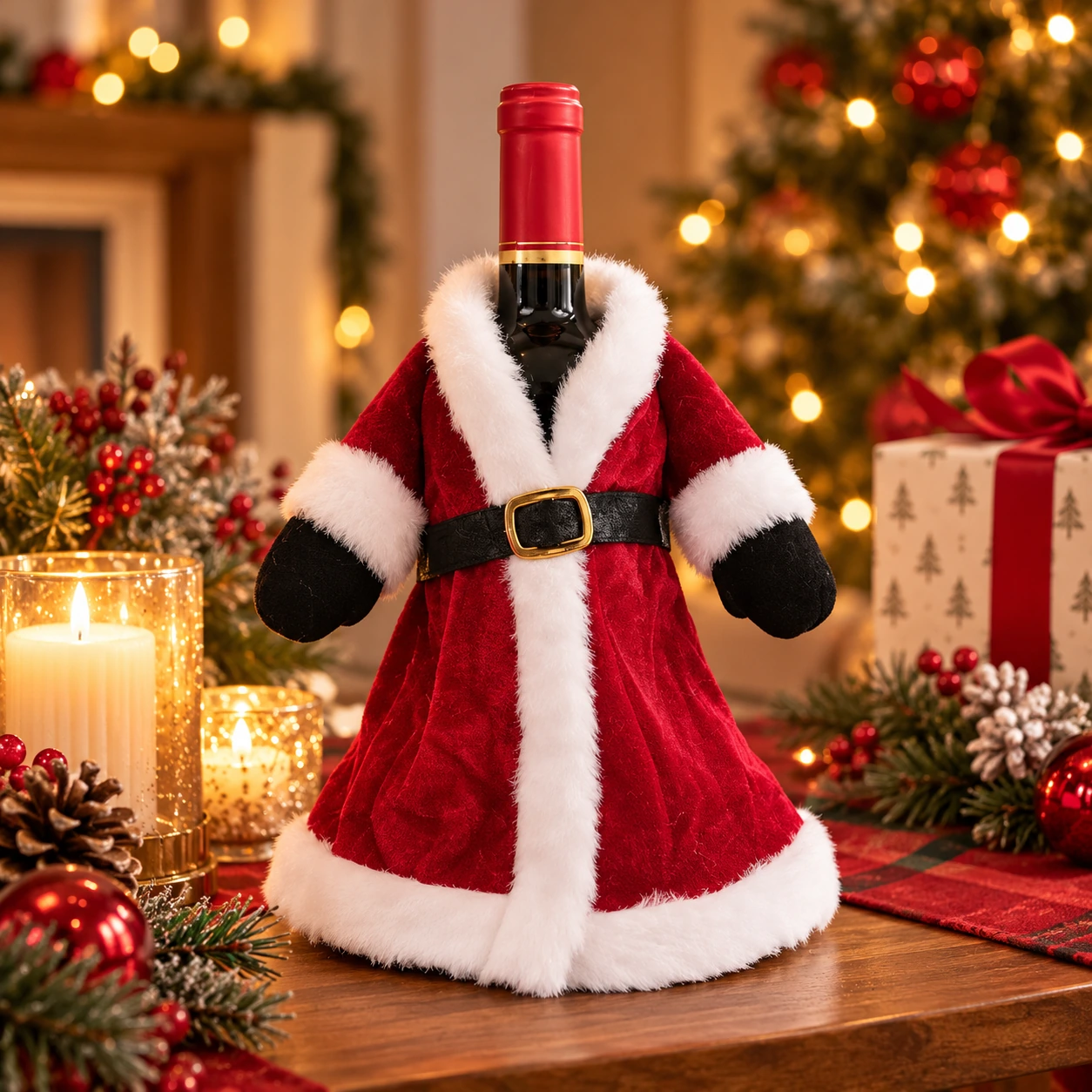 christmas_bottle_cover_square Christmas Velvet Wine Bottle Cover - Festive Champagne Bottle Decoration (Clothing Style) - Image 1