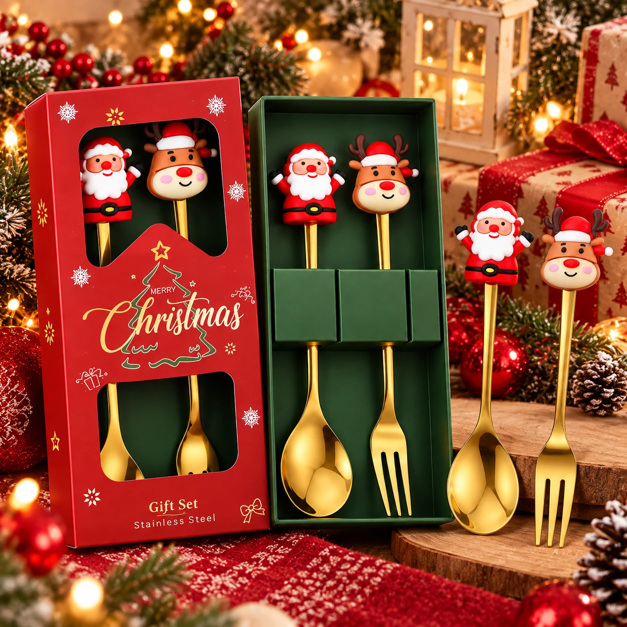 christmas_cutlery_set_festive_square Christmas Cutlery Set – Gold Spoon and Fork Set - Image 1