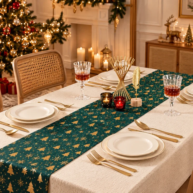 Christmas Green and Gold Velvet Table Runner Damai 28x275cm