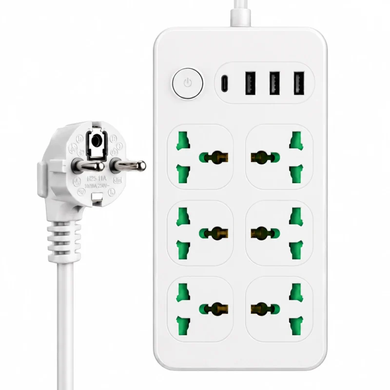 Multifunctional 6 Outlet Extension Socket with 2 USB A 2 USB C Ports 10A EU Plug