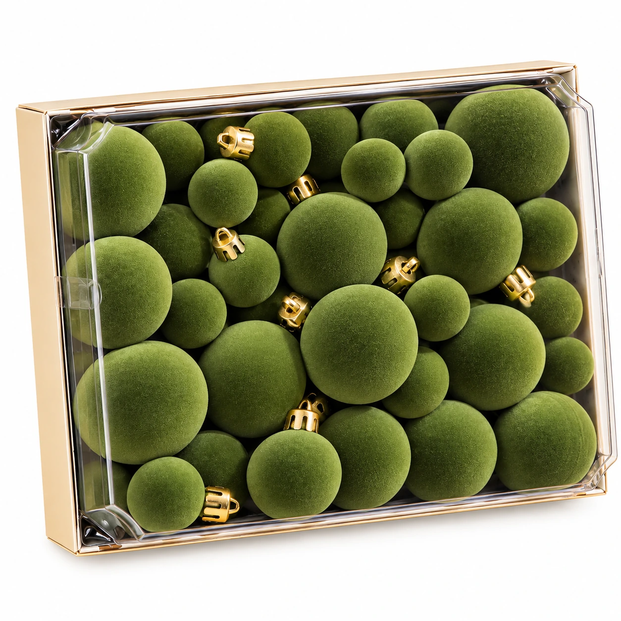 green_velvet_christmas_ornaments_square Olive Green Flocked Christmas Ornament Set – Velvet-Style Hanging Balls - Image 1