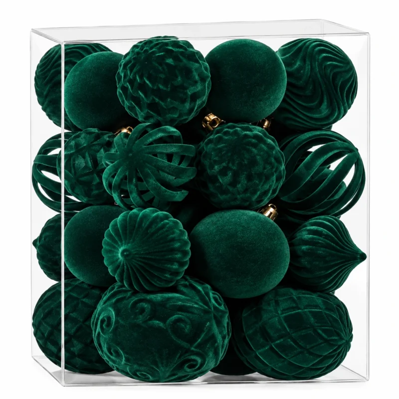 Retro green Velvet Style Flocked Christmas Ball Ornaments Vintage Tree Decorations