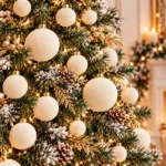 Beige Flocked Christmas Ornament Set – Velvet-Style Hanging Balls - Image 2