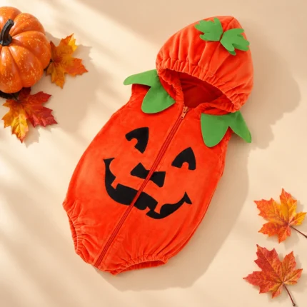 Halloween Baby Pumpkin Costume Hooded Sleeveless Zip Up Romper for Newborns