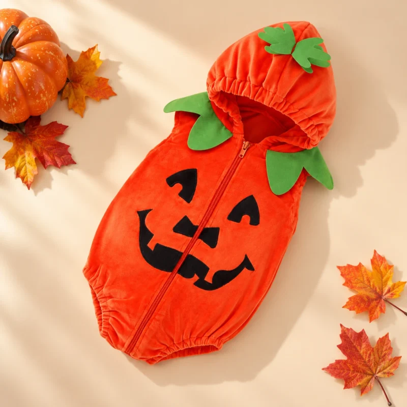 Halloween Baby Pumpkin Costume Hooded Sleeveless Zip Up Romper for Newborns