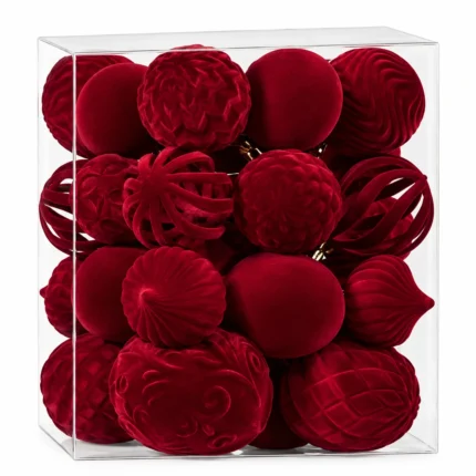 Retro Red Velvet Style Flocked Christmas Ball Ornaments Vintage Tree Decorations
