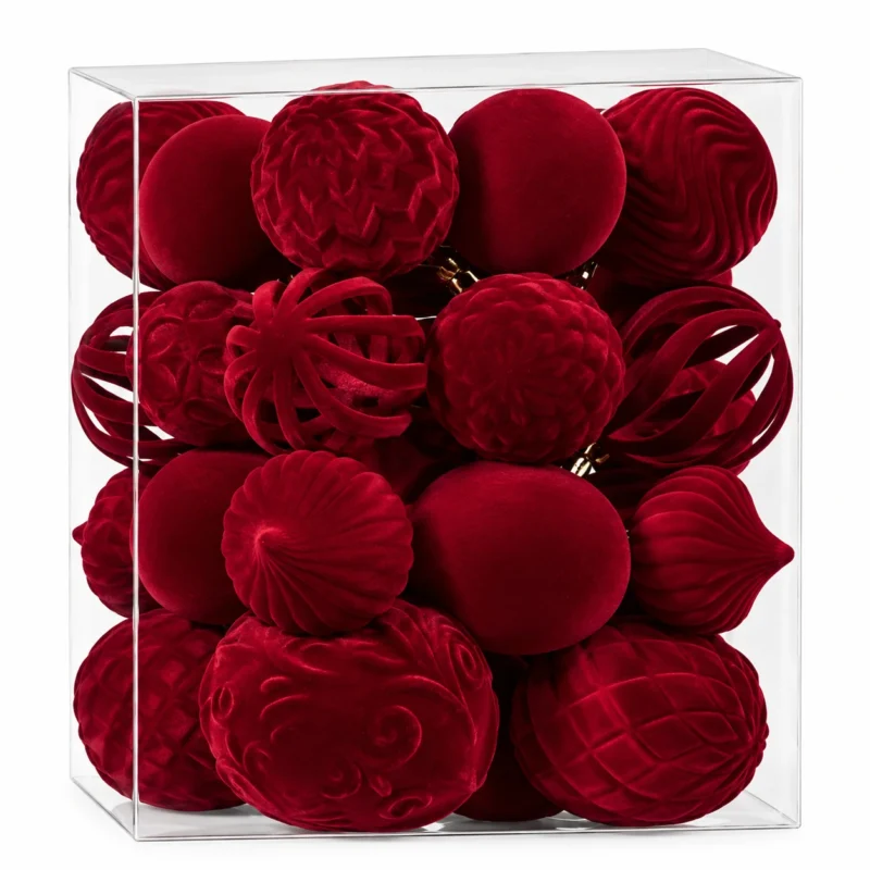 Retro Red Velvet Style Flocked Christmas Ball Ornaments Vintage Tree Decorations