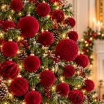 Retro Red Velvet Style Flocked Christmas Ball Ornaments Vintage Tree Decorations