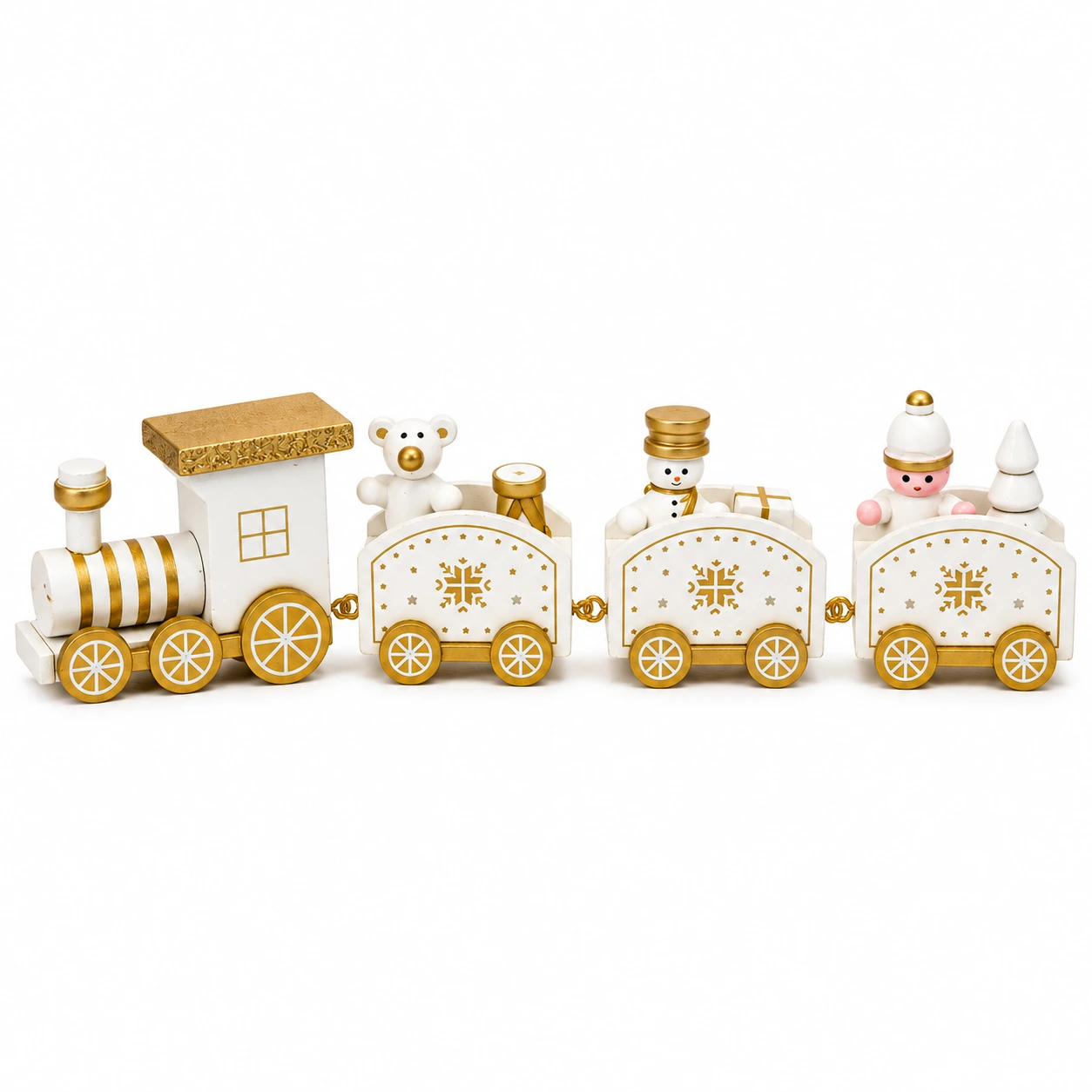 white_gold_christmas_train_white_square Christmas White Snowflake Wooden Mini Train – Painted Festive Room Decoration - Image 1